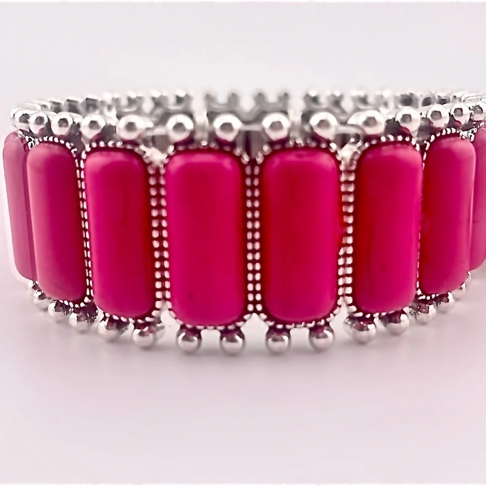 pink Elastic Stretch Bracelet Silver Accented